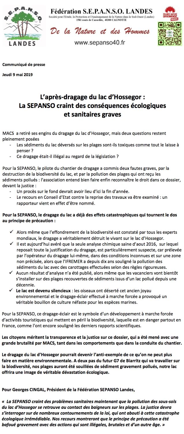 Communiqué de pressede la SEPANSO du 9 mais 2019